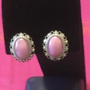Vintage silver tone clip on earrings -oval pink cabochon & mini crystals